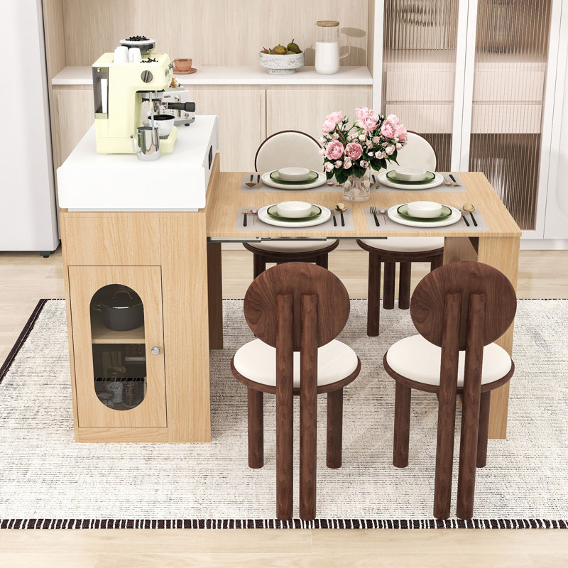 Extendable Kitchen Island Dining Table with Folding Top, Power Outlet, Drawers and Hidden Casters, Natural