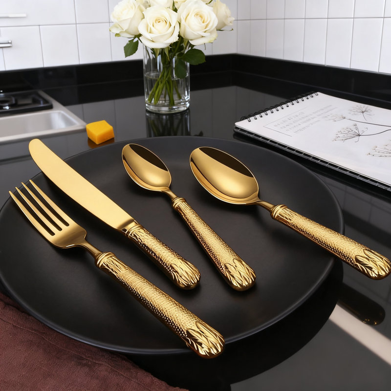 Ensemble de couverts en plaqué or 20 pièces, service de vaisselle en acier inoxydable 304 de qualité supérieure pour 4 personnes, couverts de luxe polis miroir avec poignée ergonomique