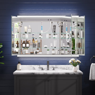 Armoire à pharmacie murale et encastrée à DEL pour la salle de bain, anti-buée, à intensité variable, station de charge intégrée, miroir grossissant 3X