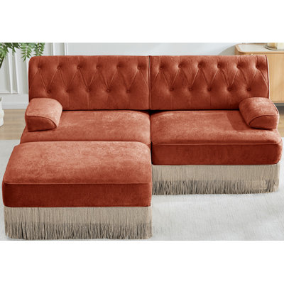 Tissu en velours confortable respirant en forme de L, canapé Chesterfield à jupe à pampilles, combinaison libre, accoudoirs carrés légèrement incurvés, base en bois de qualité supérieure, facile à assembler, pour le salon, la chambre à coucher