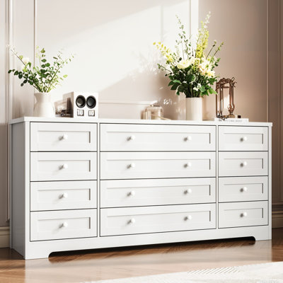 Wooden Dressers for Bedroom with 12 Drawers, Wide TV Stand Dresser for 65 Inch TV, Chest of Drawers, Wood Modern Clothes Storage Organizer for Living Room, Hallway