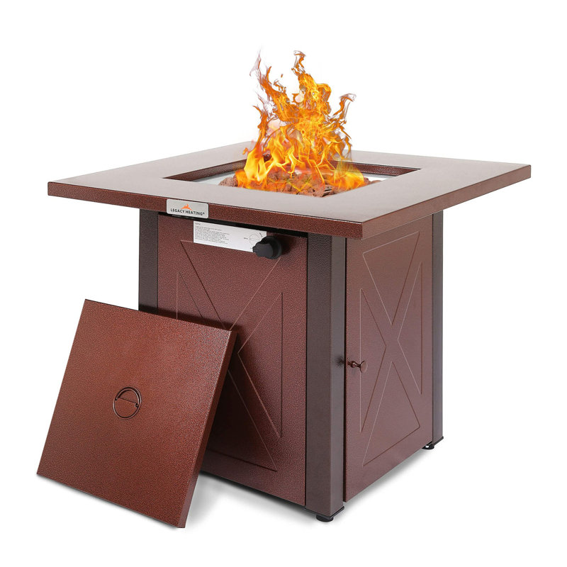 28" 50000 BTU Outdoor Propane Gas Fire Pits Table, Square Brown Texture Outdside Patio Firepits Fireplace Dinning Coffee Tables with Lid & Lava Rock, ETL-Certified, Fit for Courtyard, Patio, Balcony