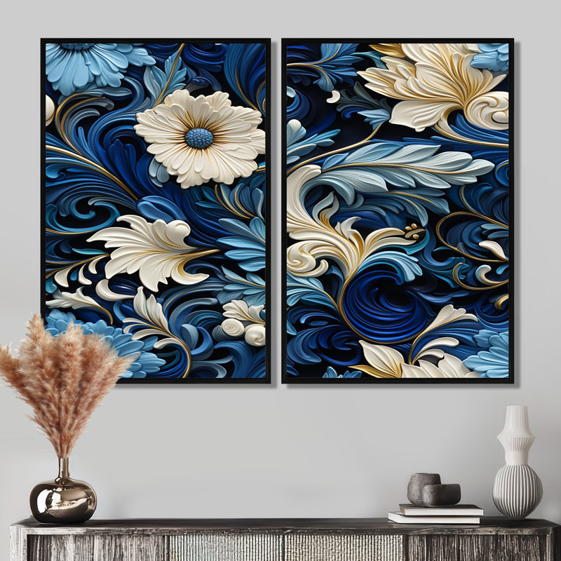 «Cobalt Blue Scrollwork Swirls», motif victorien sur toile florale florale, 36" H x 48" W, Impression encadrée flottante