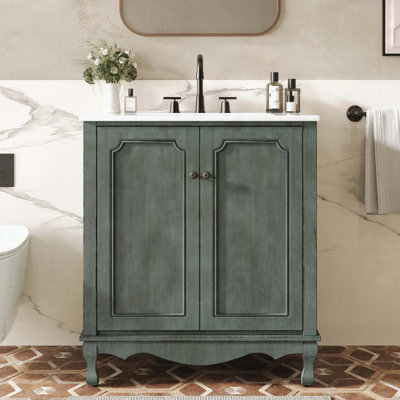 Meuble-lavabo vintage avec lavabo en céramique et tablettes réglables (bleu sarcelle antique)