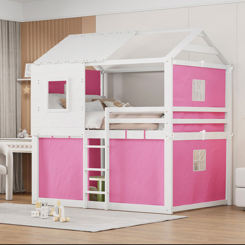 Lit superposé en bois avec tente, Rose