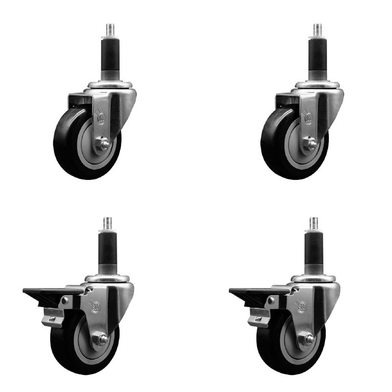 Ensemble de roulettes extensibles pivotantes en poly sur roulettes 2 freins SCC PLB 3,5 po x 1-1 / 8 po, Noir