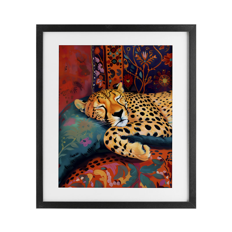 «Cozy Cheetah Boho Textiles», reproduction encadrée sous verre, design by Creative Studio, Cadre noir minuit