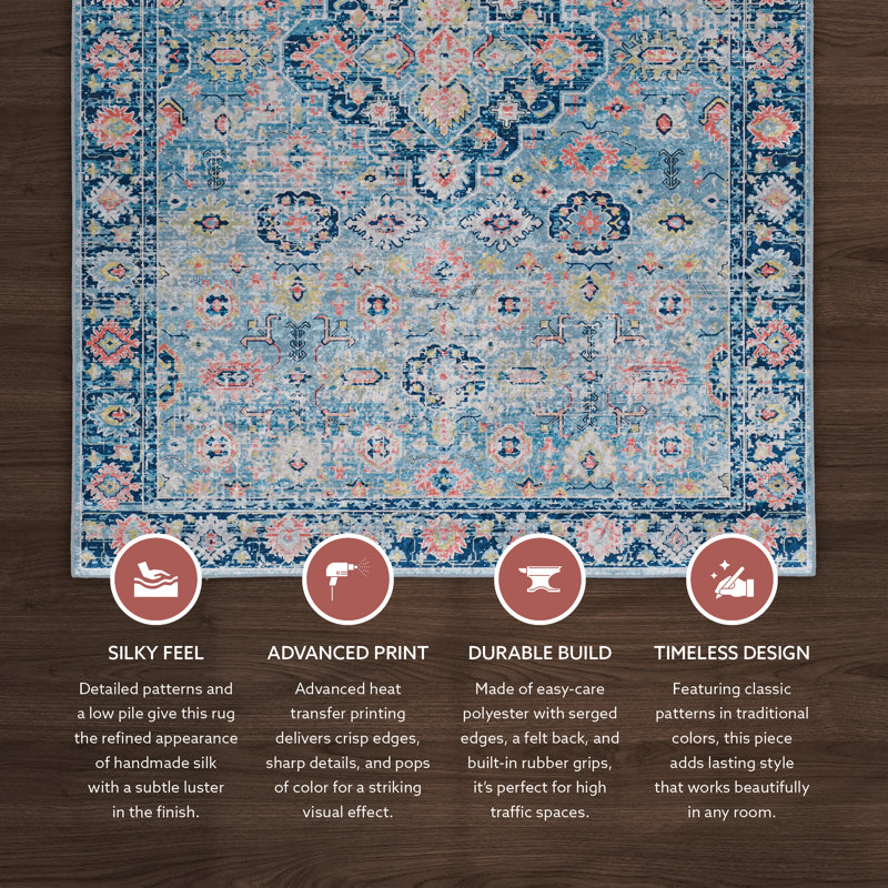 Emanuel Traditional Machine Woven Flatweave Light Blue and Blue Area Rug with Non Skid Backing , Rectangle 2'2" x 3'2"