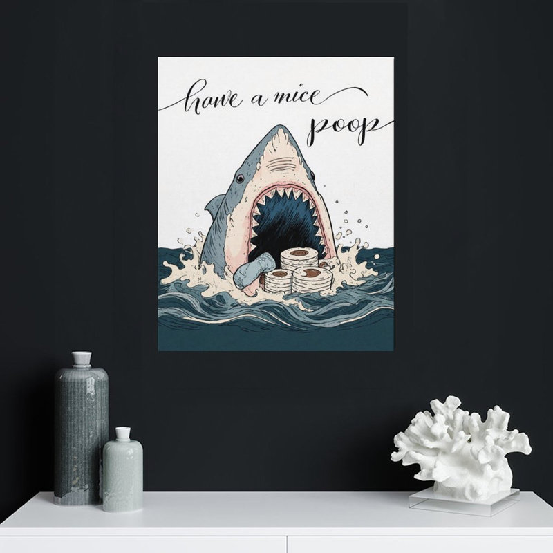 Requin avec sushi, cadre en bois intégré, l 16 x L 20