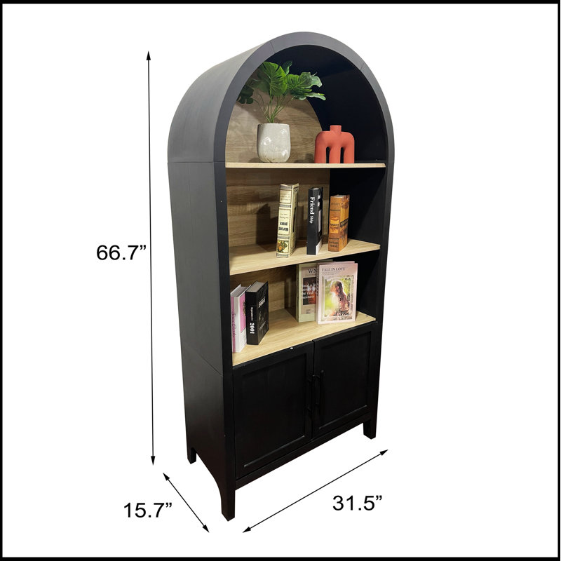 Bibliothèque arquée de 66,70 pouces de hauteur avec rangement, armoire Mid-Century moderne à 3 niveaux pour le bureau et la maison