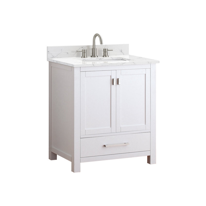 Meuble-lavabo simple 30 po avec plateau Souther, Blanc, Marbre blanc de Cala, Nickel brossé