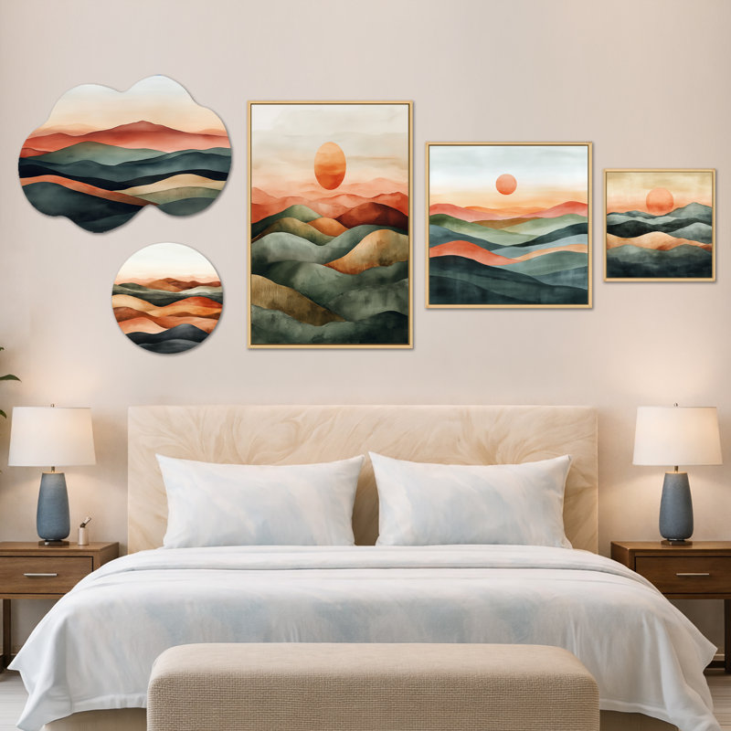 «Burnt Sage Horizon» - Ensemble de 5 grandes décorations murales modernes, impression sur toile encadrée (100 po x 40 po)