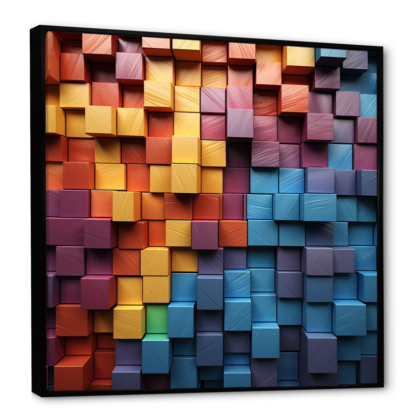 «Rainbow Cubic Wood Spectrum - Abstract Shapes», reproduction d'art sur toile, Cadre flottant noir, H 16 po x l 16 po