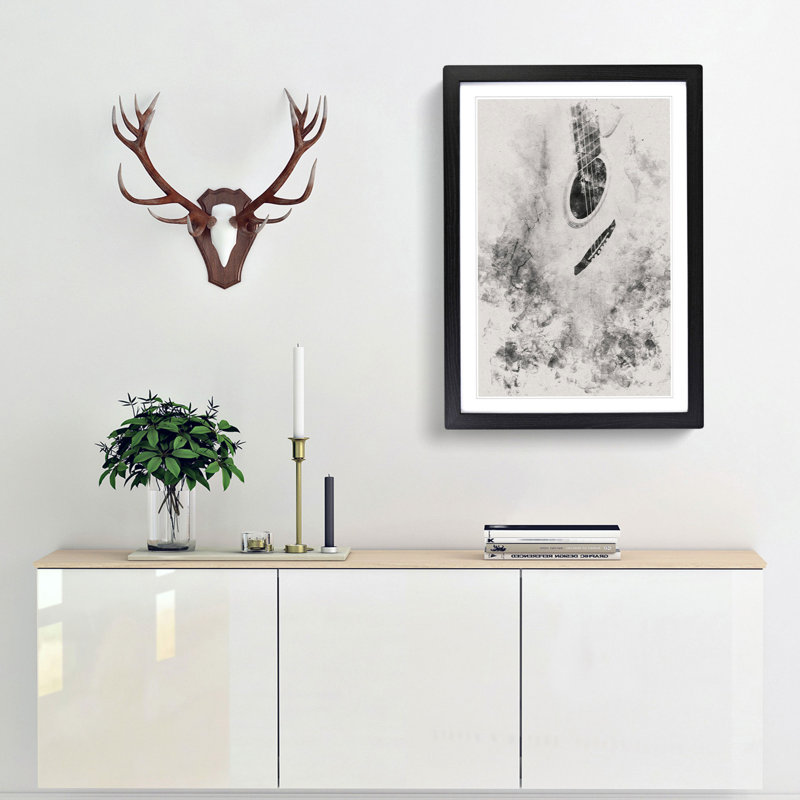 Cracked Acoustic Guitar Watercolour - Picture Frame Graphic Art, 87cm H x 62cm W x 2cm D, Black Framed