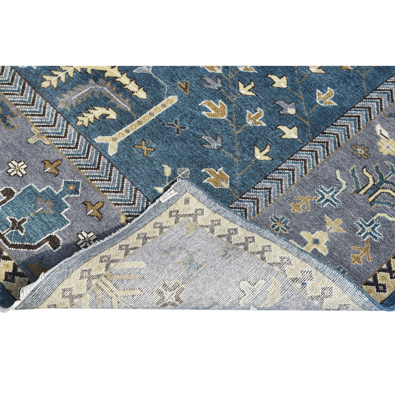 Tapis noué à la main de haute qualité en bleu / mauve / jaune / ivoire, Rectangle 9 pi x 12 pi