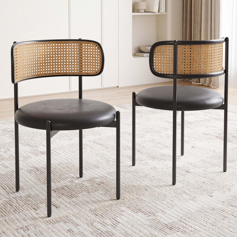 Ensemble de 2 chaises de salle à manger, siège rembourré en cuir de polyuréthane avec dossier en rotin tissé, pieds d'appoint robustes en métal