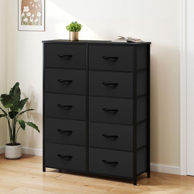 Commode de rangement noire à 10 tiroirs avec bacs en tissu et plateau en bois