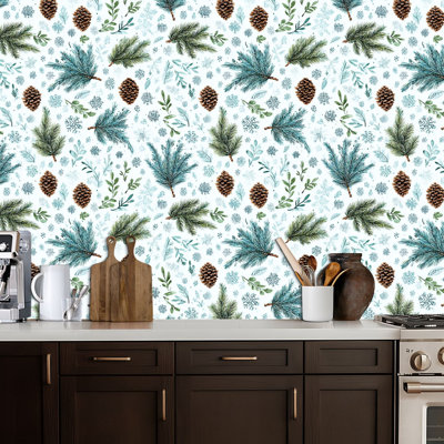Peel and Stick Wallpaper Watercolor Pine Branches Pine Cones Winter Seamless Snowflakes Contact Paper Removable Self Adhesive Wall Mural Wall Decor for Bedroom Kitchen Cabinets 24in x 118in