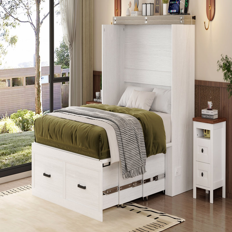 Structure de lit escamotable de style grand lit de style campagnard avec station de charge, cadre de lit plateforme pliable avec grand tiroir de rangement pour chambre d'amis, petit lit