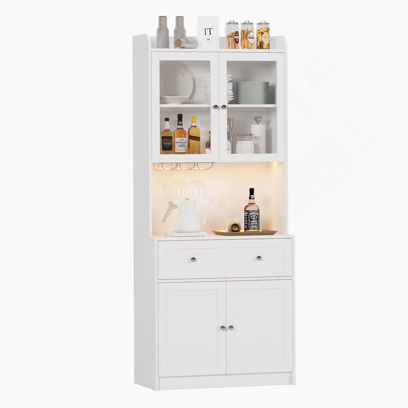 LED Coffee Bar Cabinet with Storage and Glass Holder