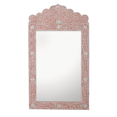 Wood And Resin Framed Wall Mirror With Inlaid Bone Flowers And Leaves