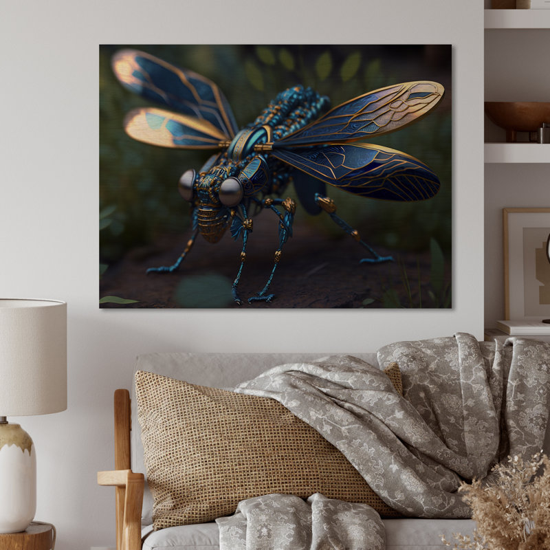 Décoration murale libellule cybernétique en bleu et or II - Libellule animaux, H 30 po x l 40 po x P 1,5 po, Bois enveloppé