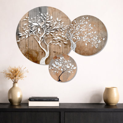 White Tree Of Life On Wood – Tree of Life 3 Piece Metal Wall Art