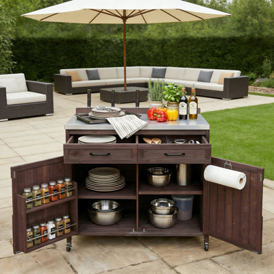 Chariot de préparation pour îlot de cuisine en bois de sapin massif 39,4 "avec plateau en acier inoxydable 304