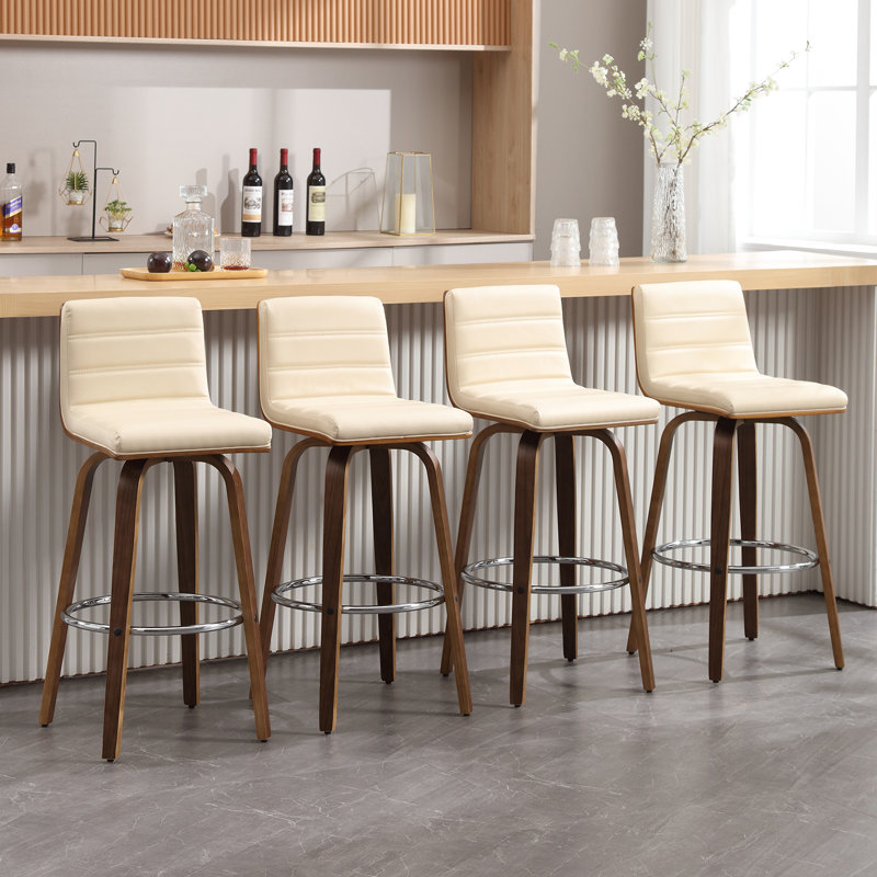 Swivel Upholstered Counter & Bar Stool With Solid Wood Frame and L-Shaped PU Leather Back, Bar Stool (29" Seat Height), Beige