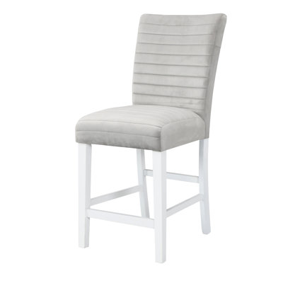 Chaise en velours gris à hauteur de comptoir de 2 avec une finition blanche ultrabrillante, des pieds en K, un dossier et un siège rembourrés, un coussin de 60 mm, des poches de 3 po en S sur le siège, densité de mousse D20, structure en bois dur, 19 po
