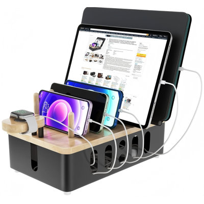 Metal Charging Station For Multiple Devices,New Upgrade Wood Charging Station For Phone Tablet Smart Watch Holder Desk Organizers，Matte Black Dock Device Organizer