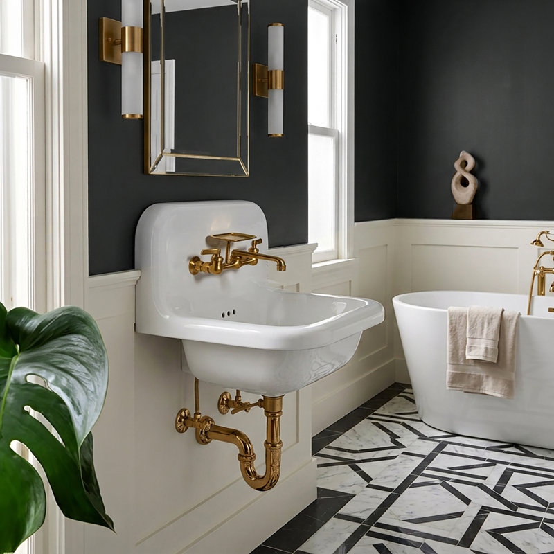 Victorian Nantucket Sinks 16.5''  Fireclay Specialty Wall Mount Bathroom Sink with Faucet and Overflow, Satin Brass