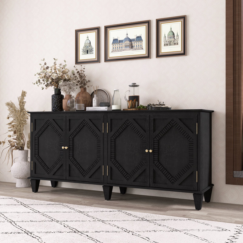 Mid Century Modern Sideboard With Symmetrical Geometric Accent Doors, Black
