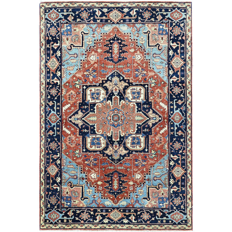Tapis rouge et bleu noué à la main de haute qualité, Rectangle 4pi x 6 pi