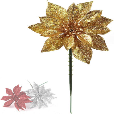 Décoration de Noël 24 pièces à motif de poinsettia scintillant