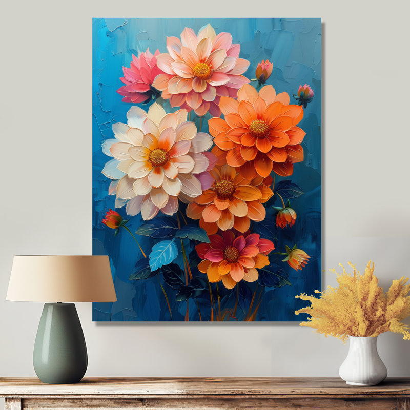Dahlia mauve orange sur fond bleu III - Dahlia Wall Art Living Room, Toile tendue, H 20 po x l 12 po x P 1 po
