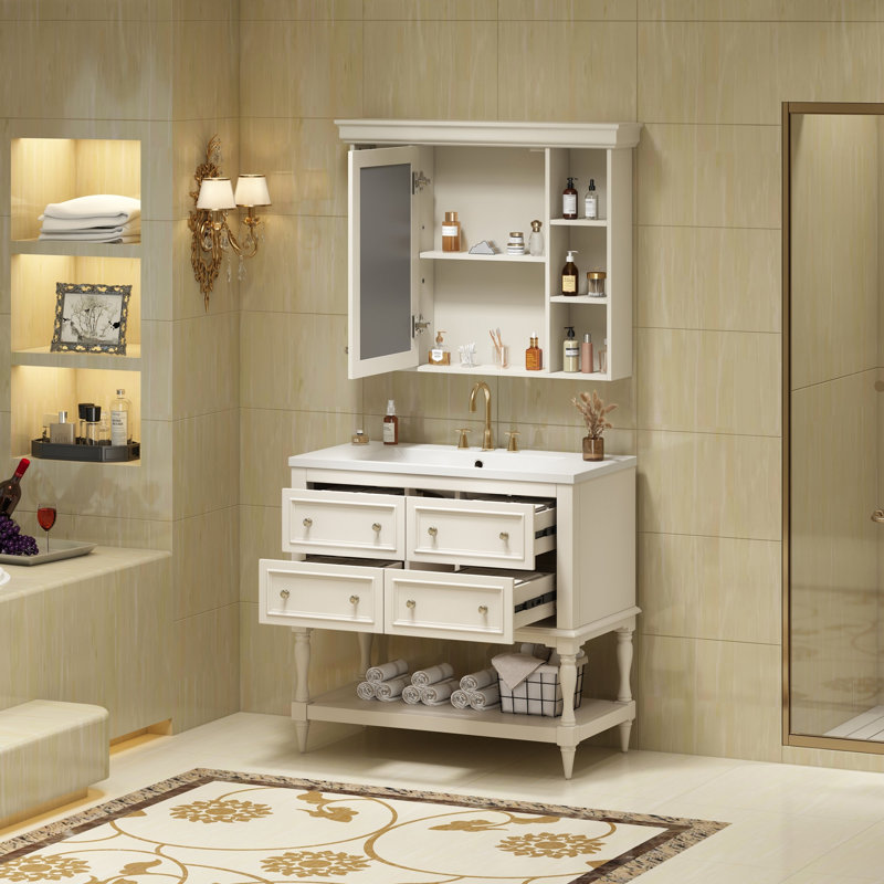 Meuble-lavabo de 36 po avec armoire à pharmacie, armoire à miroir moderne avec tablette réglable, armoire de rangement pour salle de bain à 4 tiroirs, armoire de rangement pour cadre de salle de bain en bois massif