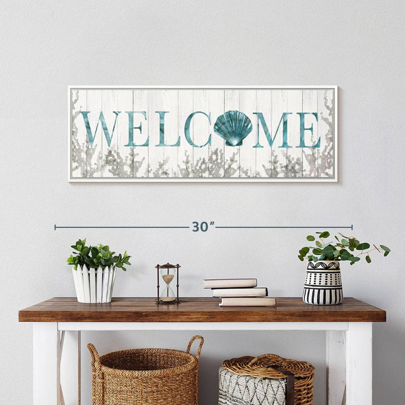 Plaque murale «Welcome Shell», Cadre flottant blanc, 28 po x 10 po