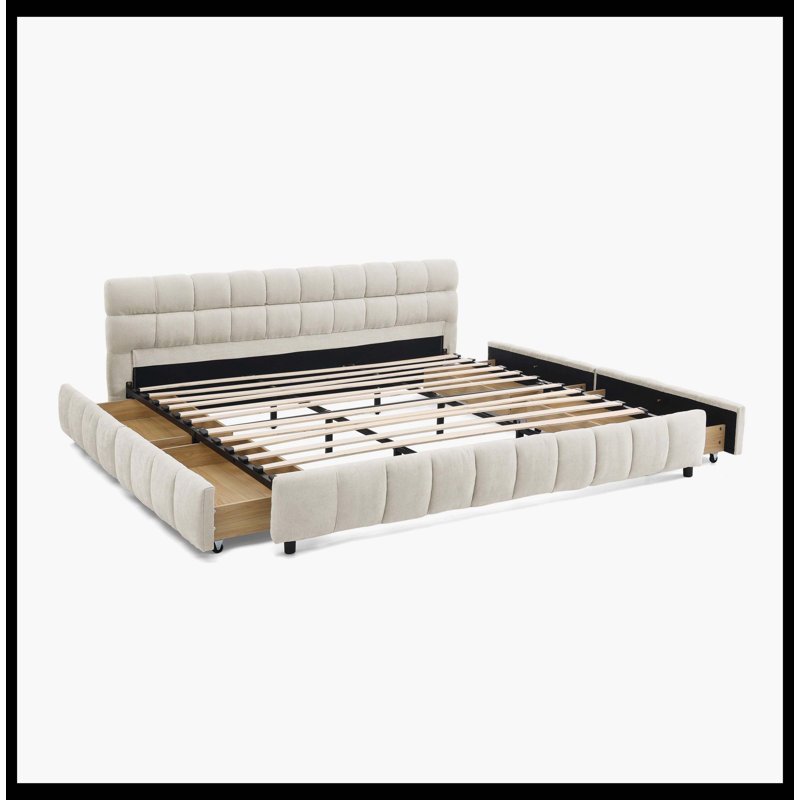 Structure de lit tapissier avec tête de lit et tiroirs de rangement California Chenille, Beige