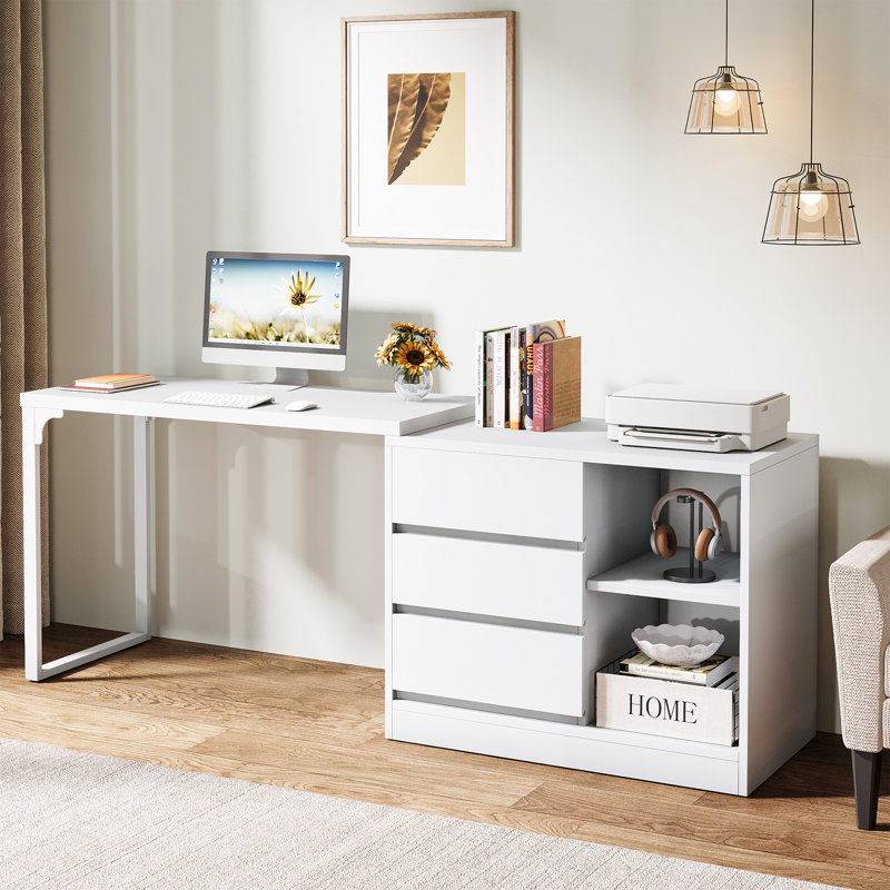 Reversible L Shaped Computer Desk With Drawer Cabinet, White