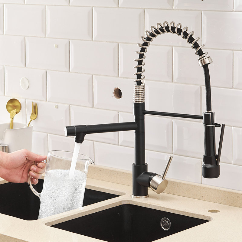 Commercial Kitchen Faucet With Pull Down , Hot And Cold Water, Black Nickel For Sinks Single Lever Sink Brass Material, Color