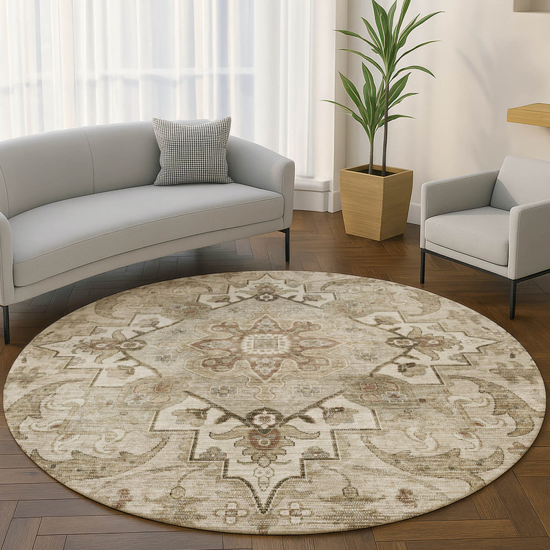 Premium Machine Washable Mayfield AMF2164 global Rug, Beige, Round 8' 
