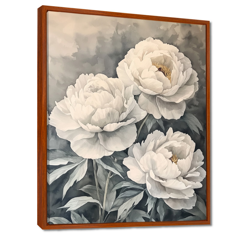 Art mural rétro, pivoines à l'ombre, H 32 po x l 16 po, Reproduction avec cadre flottant, Brun