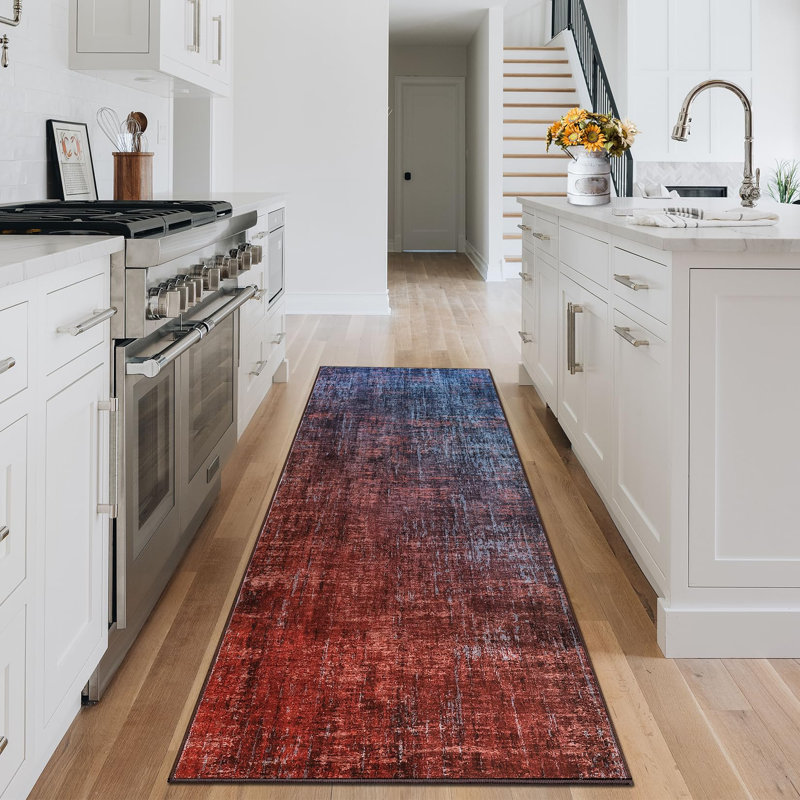 Washable Kitchen Rugs, 2x6 Red Blue Hallway Runner, Soft Low Pile Stain Resistant Laundry Entryway Mat, Indoor Modern Throw Carpet for Laundry Bathroom Bedside