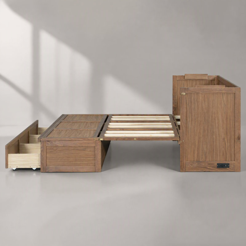 Queen Murphy Bed, Pine Wood Cabinet Bed, USB Charging Station, Geometric Decor Panel, Light Walnut, Noyer clair
