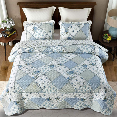 Ensemble de courtepointe à motif floral grand format, ensemble de literie 3 pièces avec 2 taies d'oreiller | Édredon bleu patchwork, couvre-lit grand, ensemble de courtepointe réversible, ensemble de courtepointe florale, ensemble de courtepointe patchwork, ensemble d'édredon grand