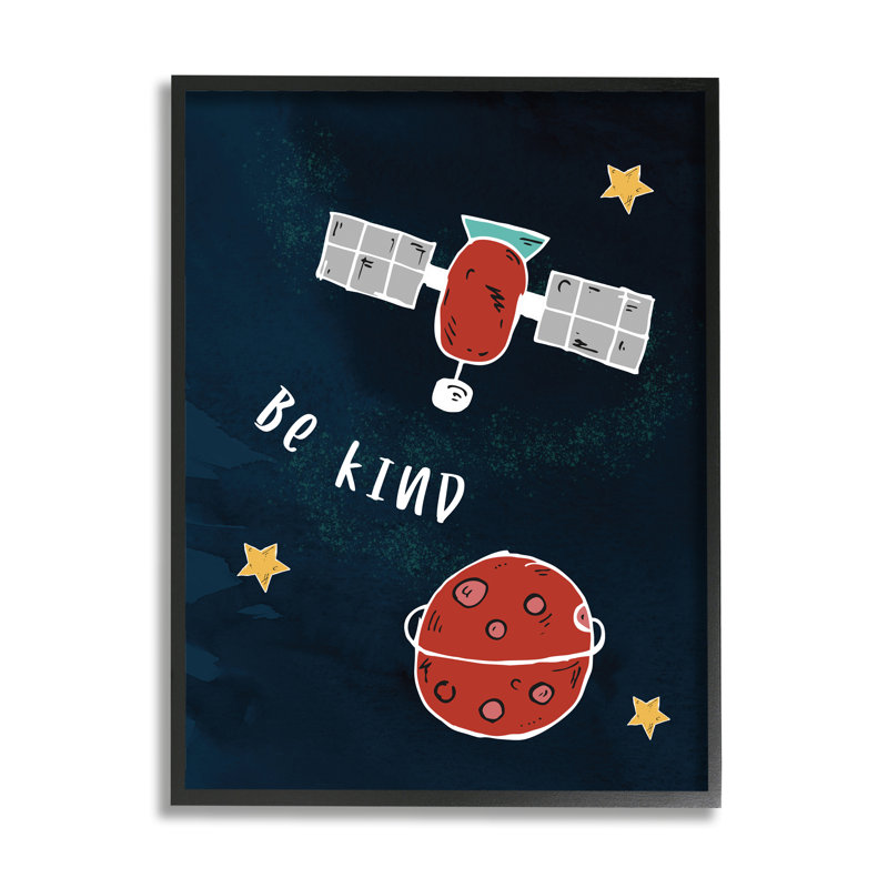 Be Be, phrase, planète rouge, satellite et étoiles, H 14 po x l 11 po x P 1,5 po, Giclée encadrée noir minuit