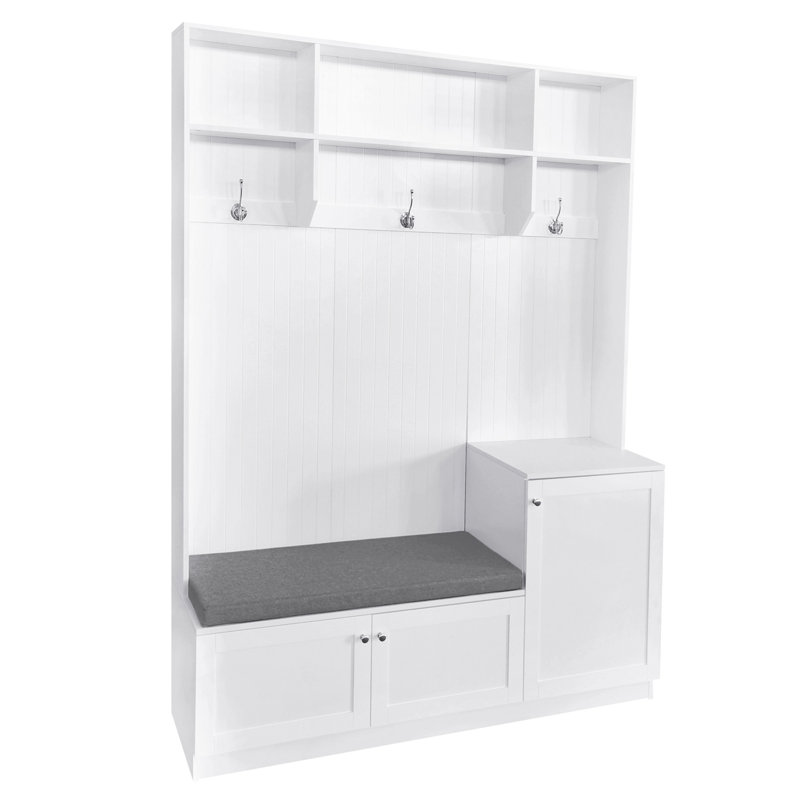 Juilo Hall Tree 59'' Wide with Bench and Shoe Storage, White