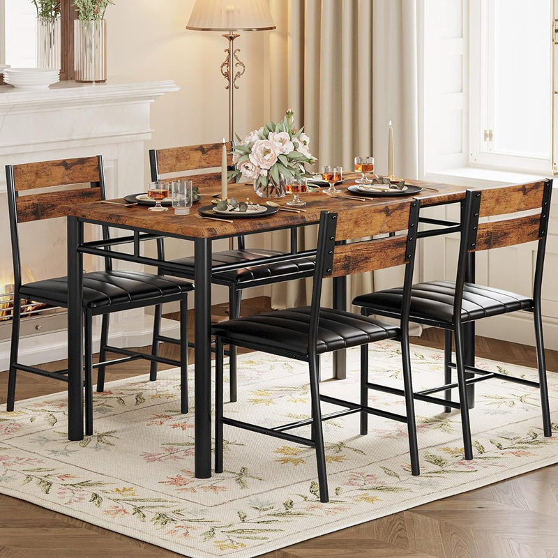 Ensemble de table de salle à manger pour 4 personnes, table de cuisine en bois avec chaises rembourrées pour la cuisine et les petits espaces, brun rustique