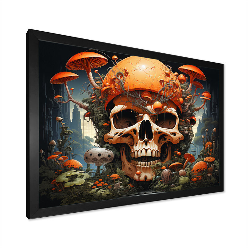 Tête de mort souriante, champignons orange, impression d'Halloween, H 30 po x l 40 po x P 1,5 po, Cadre simple noir